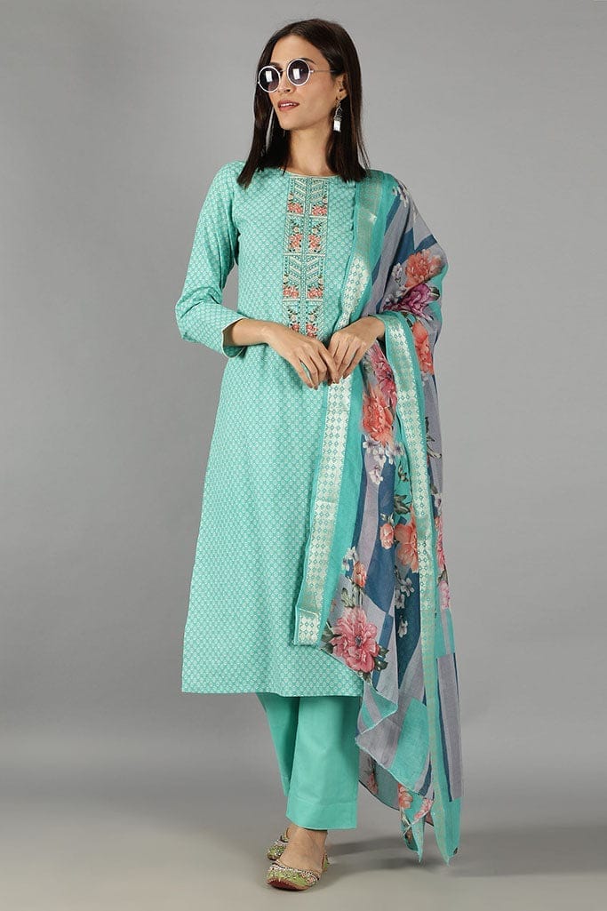 Teal green Printed Kurta set with Dupatta