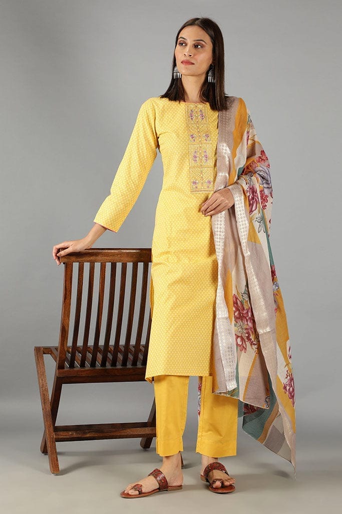 Yellow floral Printed Kurta set with Dupatta