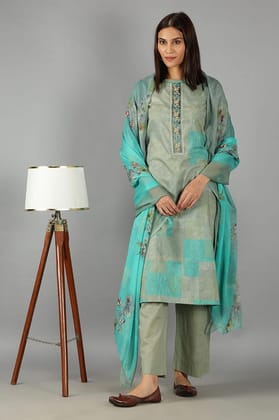 Teal green floral printed straight kurta set with Dupatta