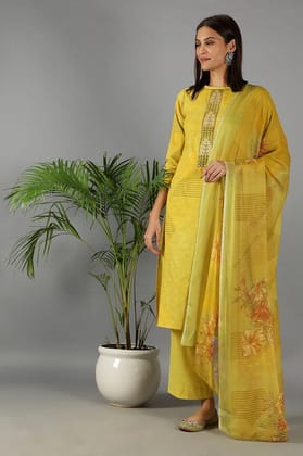 Yellow Floral Printed Straight Kurta Set with Dupatta