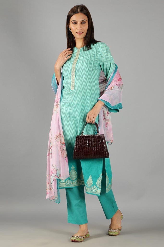 Teal Blue and pink printed kurta set with Dupatta