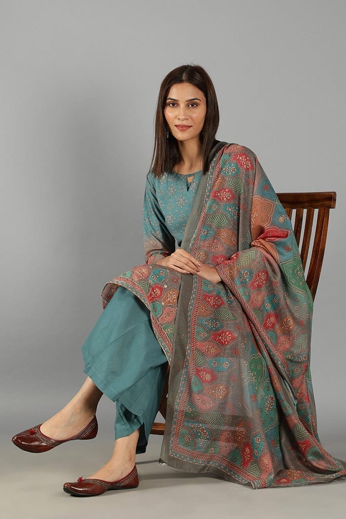 Teal blue printed kurta set with Dupatta