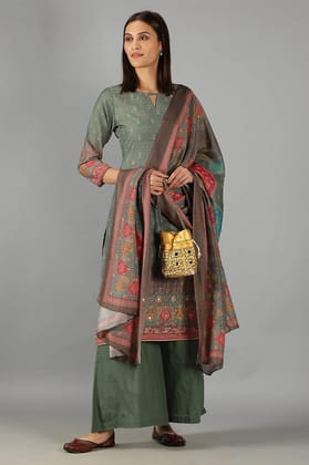 Green printed kurta set with printed dupatta