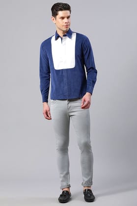 Men Blue And White Straight Fit Corduroy Shirt