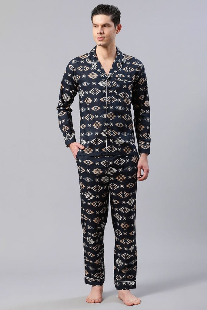 Men Navy Blue Ikkat Print Loungewear Set