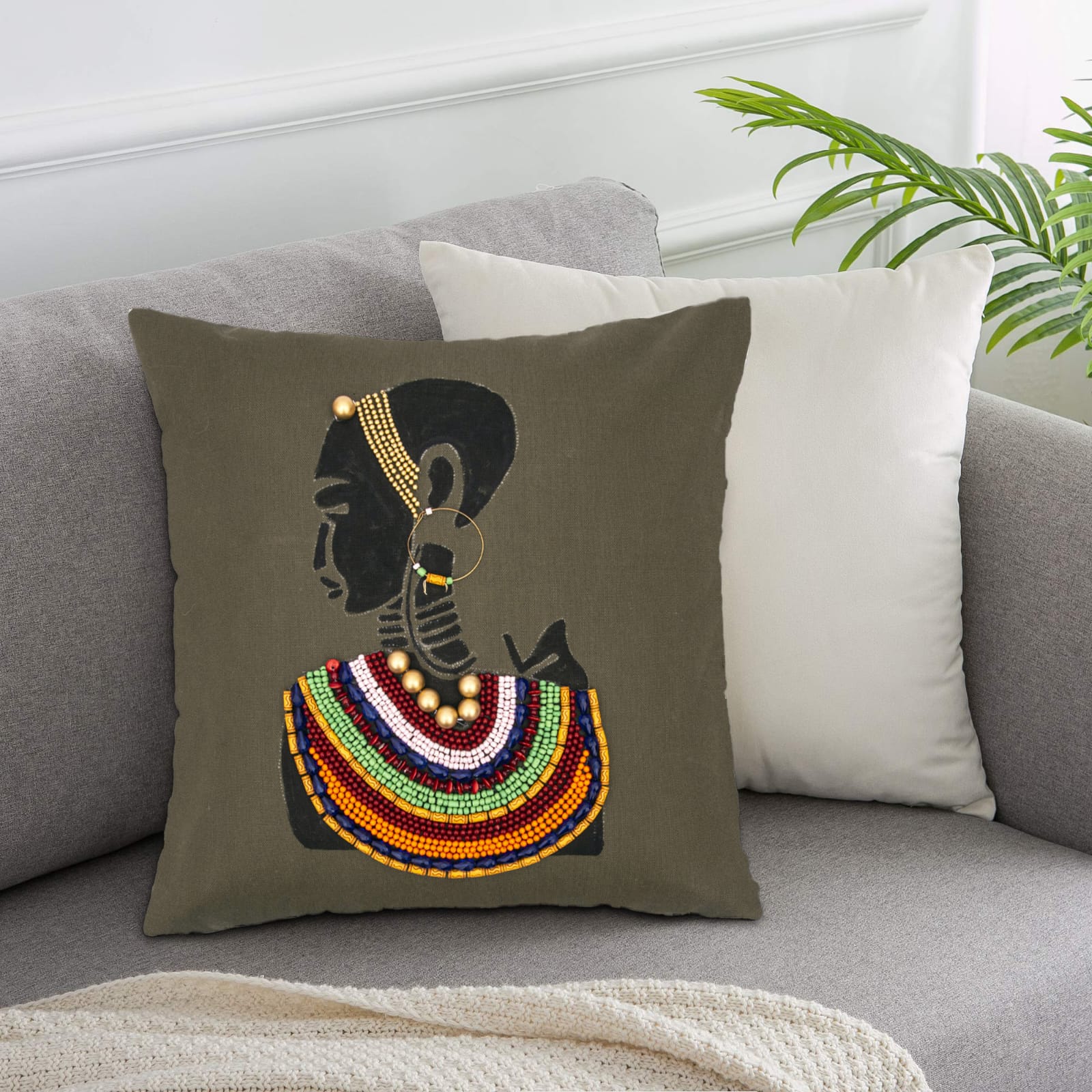 Tribal Woman Beaded Cushion Cover