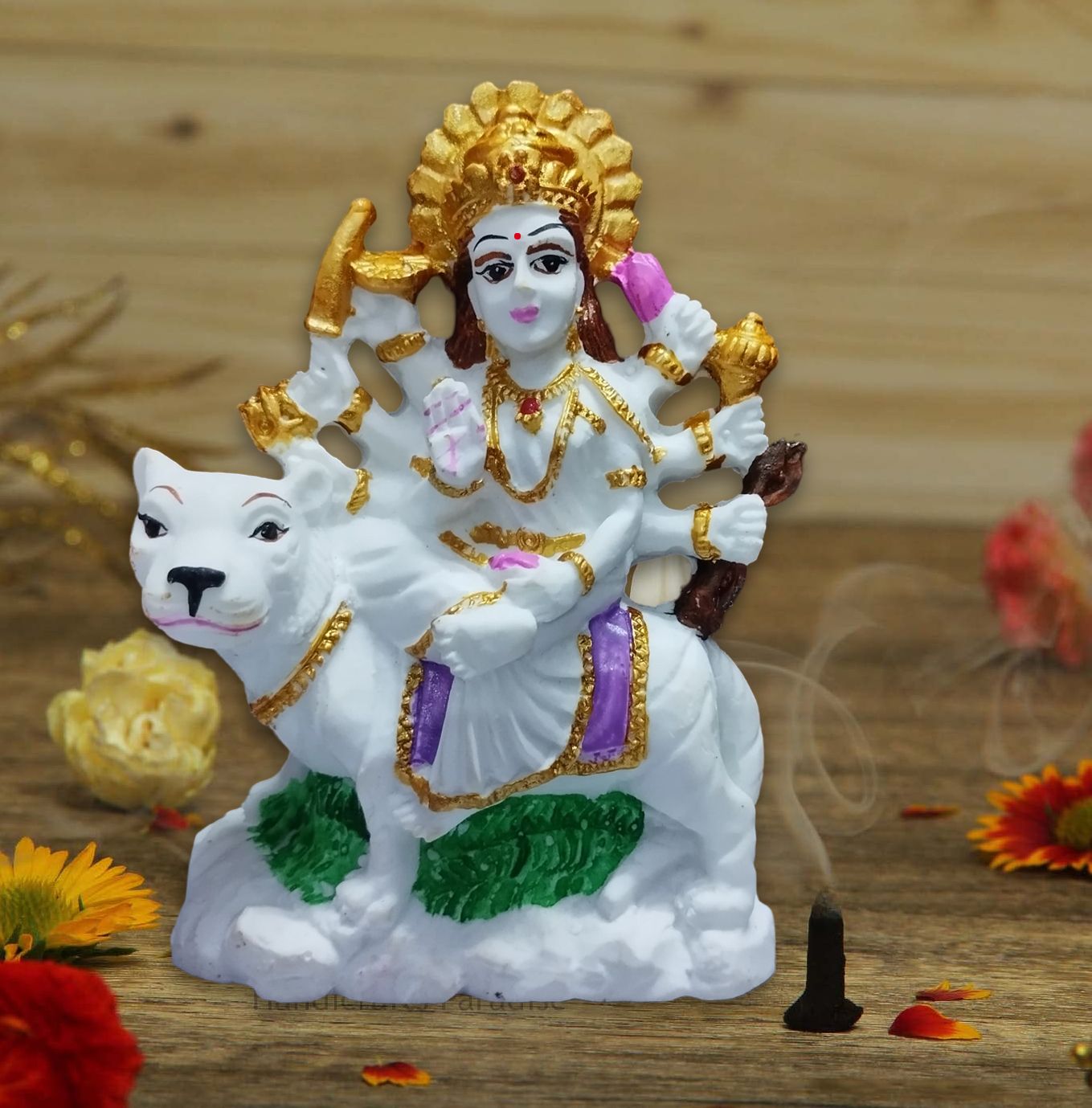 Vishu Store: Handicraft Marble Dust Durga Maa Idol Showpiece Figurine, Sherawali Ambe Maa Murti Statue for Pooja Gift, 9.5 CM Height, White & Golden