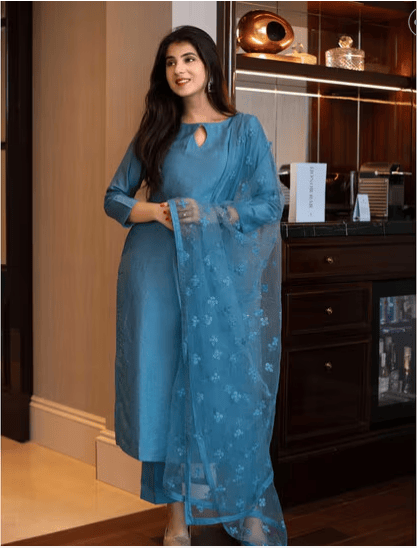 Sequinned Calf Length Straight Kurta With Trousers & Dupatta