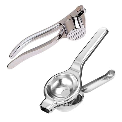 GLOBAL IMPEX Stainless Steel Garlic Crusher Presser and 2In1 Stainless Steel Lemon Squeezer with Bottle Opener for Kitchen Combo (Pack of 2)