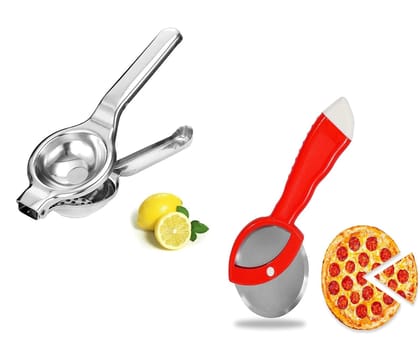 GLOBAL IMPEX 2 in1 Stainless Steel Lemon Squeezer with Bottle Opener and Pizza Cutter with Comfortable Plastic Handle Combo of Lemon Squeezer with Red Pizza Cutter (Pack of 2)