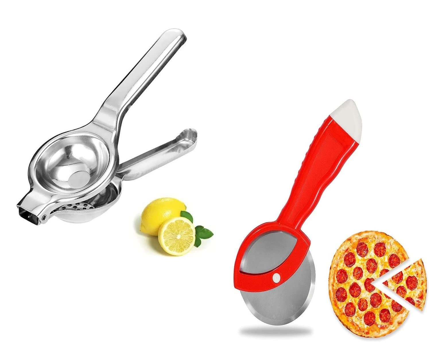 GLOBAL IMPEX 2 in1 Stainless Steel Lemon Squeezer with Bottle Opener and Pizza Cutter with Comfortable Plastic Handle Combo of Lemon Squeezer with Red Pizza Cutter (Pack of 2)