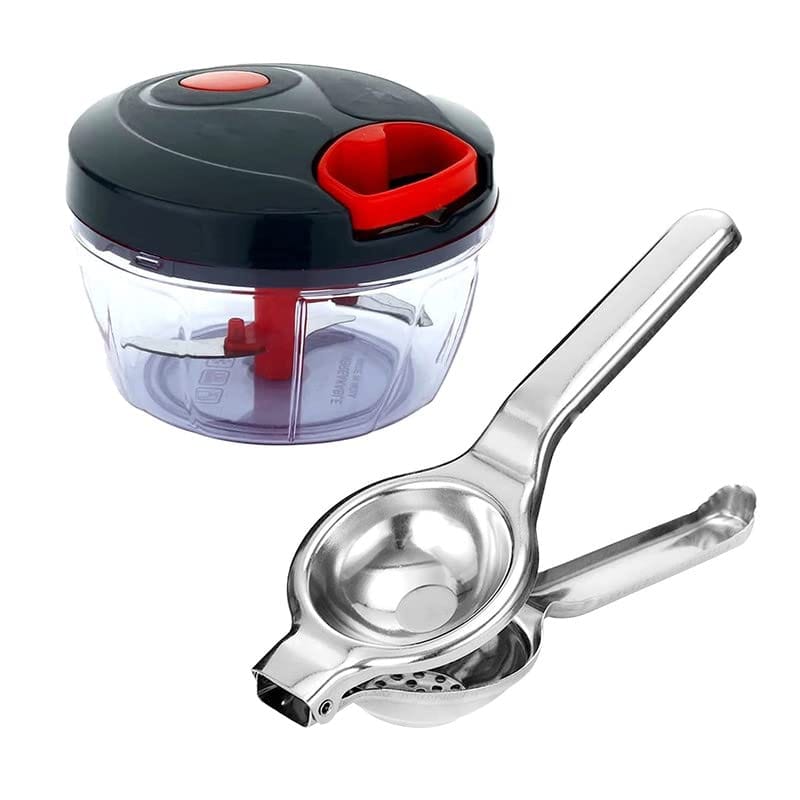 GLOBAL IMPEX Round Vegetable Quick Handy Dori Chopper 450ml with 3 Stainless Steel Blade and 2 in 1 Stainless Steel Lemon Squeezer with Bottle Opener Combo(Pack of 2)