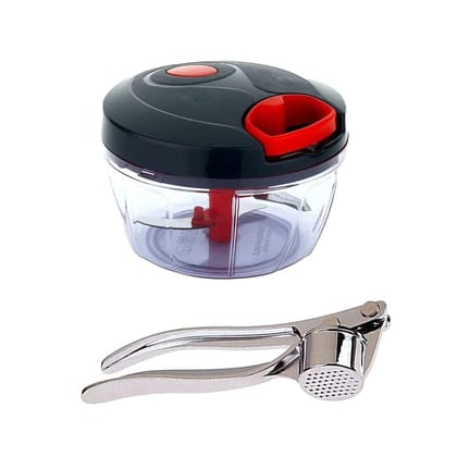 GLOBAL IMPEX Round Vegetable Quick Handy Dori Chopper 450ml with 3 Stainless Steel Blade and Stainless Steel Garlic Crusher Combo (Pack of 2)