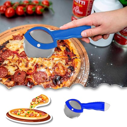 NEWWAY Stainless Steel Pizza Cutter Premium Food Grade with Comfortable Plastic Handle Wheel Type Blue Color with sharp Blade (Pack of 1)