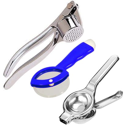 GLOBAL IMPEX Combo of Stainless Steel Garlic Crusher, Lemon Squeezer with Bottle Opener and Pizza Cutter with Plastic Handle Combo Comfortable Handle Kitchen