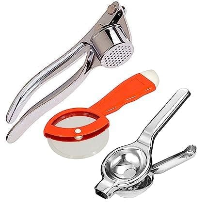 NEWWAY Combo of Stainless Steel Garlic Crusher, Lemon Squeezer with Bottle Opener and Pizza Cutter with Plastic Handle Combo Comfortable Handle Kitchen