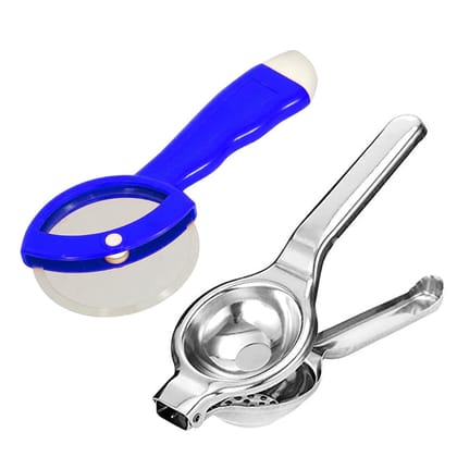 GLOBAL IMPEX Stainless Steel Lemon Squeezer with Bottle Opener and Pizza Cutter with Plastic Handle Combo Set Comfortable Handle Kitchen Combo