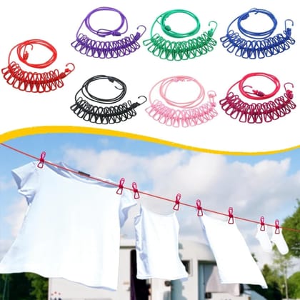 Cloth Drying Rope with Hooks (Pack of 3) Elastic Cloth Hanging Rope for Cloth Drying with 12 Clips Cloth Rope for Drying Clothes for Travel Home Outdoor Kapde Sukhane ki Rassi Wire -Multicolor