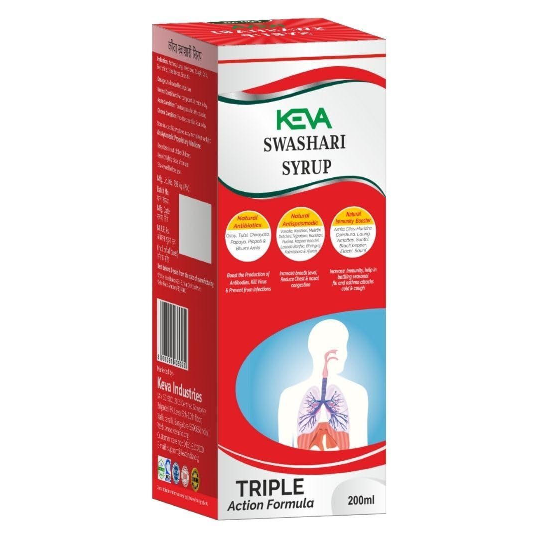 Keva Swashari Syrup 200 ml,/ Triple Action Formula/Natural and Ayurvedic/Organic/