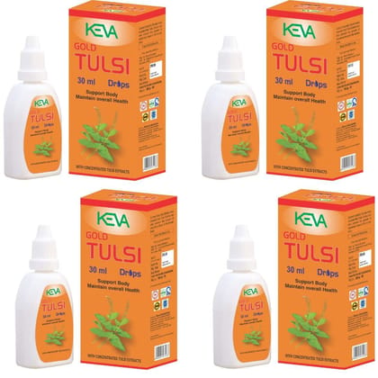 Keva Gold Tulsi Drops - Concentrated Extract of 5 Rare Tulsi vishnu priya, rama tulsi, kala tulsi, bisva tulsi, basil sweet lemon| For Natural Immunity Boosting 30ml (4 * 30ml =120ml) Pack of 4