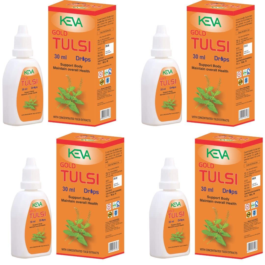 Keva Gold Tulsi Drops - Concentrated Extract of 5 Rare Tulsi vishnu priya, rama tulsi, kala tulsi, bisva tulsi, basil sweet lemon| For Natural Immunity Boosting 30ml (4 * 30ml =120ml) Pack of 4