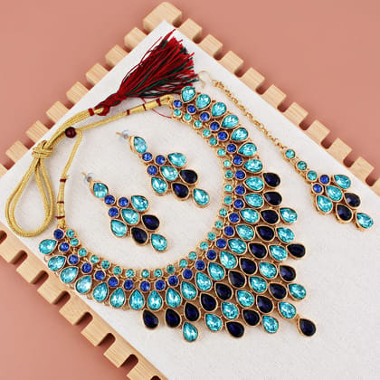 LUCKY JEWELLERY Designer Gold Plated Turquoise Blue Color Stone Necklace Set For Women & Girls (825-L1SS-837-FB)