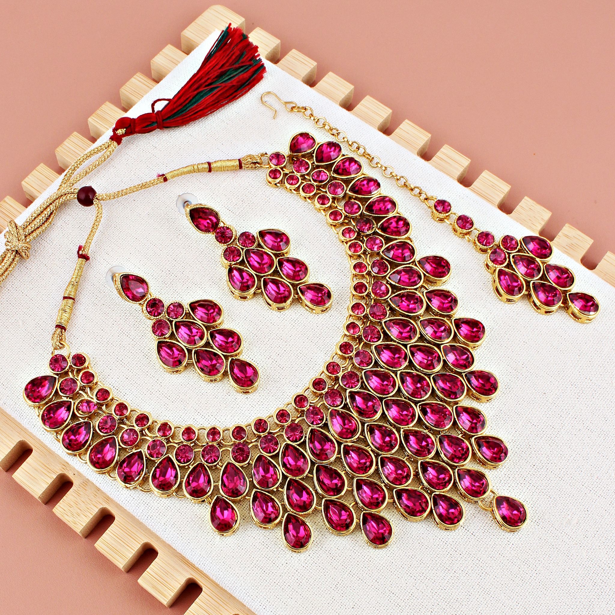 LUCKY JEWELLERY Designer Gold Plated Magenta Color Stone Necklace Set For Women & Girls (825-L1SS-837-R)