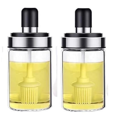 ND BROTHERS Transparent Glass Jar With Brush for Oil Ghee,Honey Dipper Seasoning Bottle Jar 250 ML (Pack Of 2 Brush Jar)