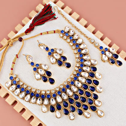 LUCKY JEWELLERY Designer Gold Plated White Blue Color Stone Necklace Set For Women & Girls (825-L1SS-837-W-B)