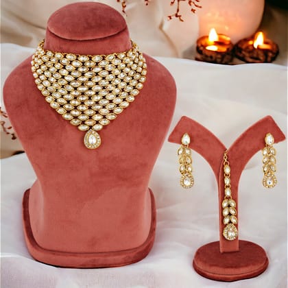 LUCKY JEWELLERY Designer Gold Plated White Color Stone Necklace Set For Women & Girls (875-L1SS-838-W)