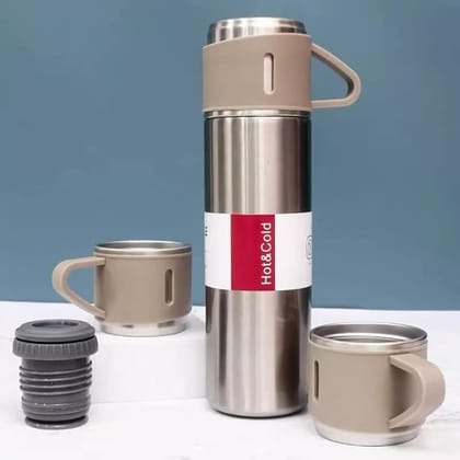 Stainless Steel Vacuum Flask Set with 3 Steel Cups Combo for Coffee Hot Drink and Cold Water Flask Ideal Gifting Travel Friendly Latest Flask Bottle. 500ml