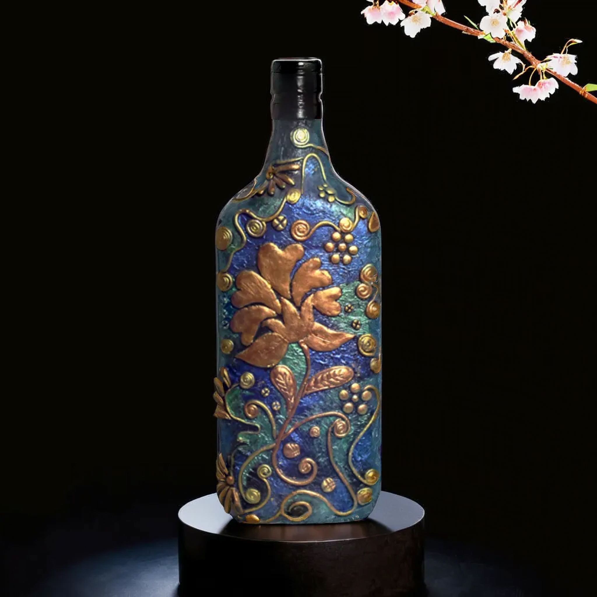 dynemart | Handmade Acrylic Glass Bottle Art with 3D Gold Floral Design – Premium Decor for Bathroom, Living Room, Bedroom, Kitchen Table – Unique Home Decor Gift (Pack of 1)