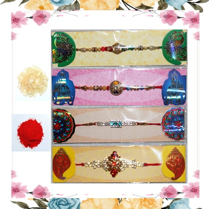 4 Rakhi Combo Pack for Raksha Bandhan - Set of 4 Designer Rakhi with Roli and Rice - Elegant Thread Bracelets with Sparkling Crystals, Metal, and Plastic Accents for Brothers, Bhabhi, and Kids(Pack of 4+1)