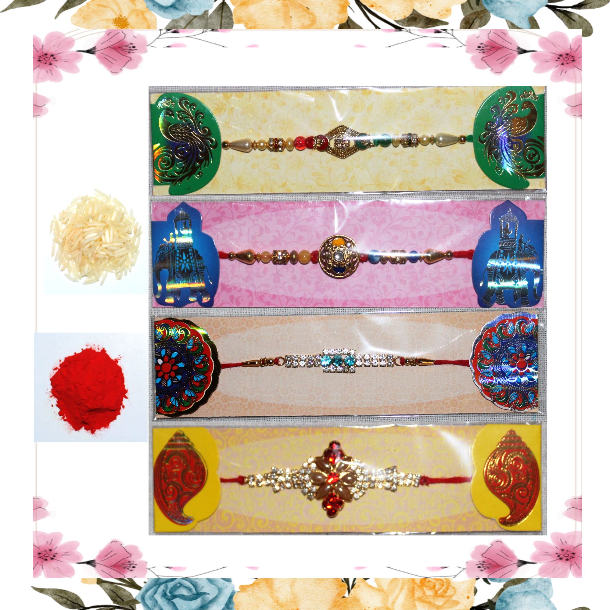 4 Rakhi Combo Pack for Raksha Bandhan - Set of 4 Designer Rakhi with Roli and Rice - Elegant Thread Bracelets with Sparkling Crystals, Metal, and Plastic Accents for Brothers, Bhabhi, and Kids(Pack of 4+1)