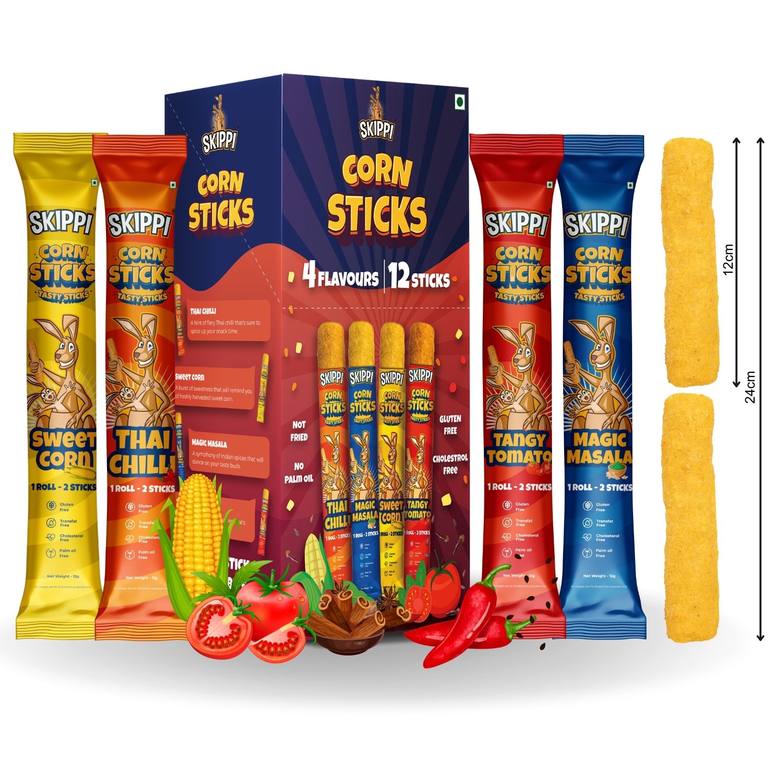 All Time Snack of Skippi Tasty Corn Sticks, Assorted Triple Pack of 4 flavors (Sweet Corn, Magic Masala, Tangy Tomato & Thai Chilli), 144g (12g x 12 Rolls)