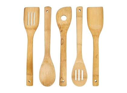 Bamboo Cooking, Serving Wooden Spoon 5 Piece Set with 1 Bonus Holder Wooden (Each 30 cm Long Approx)