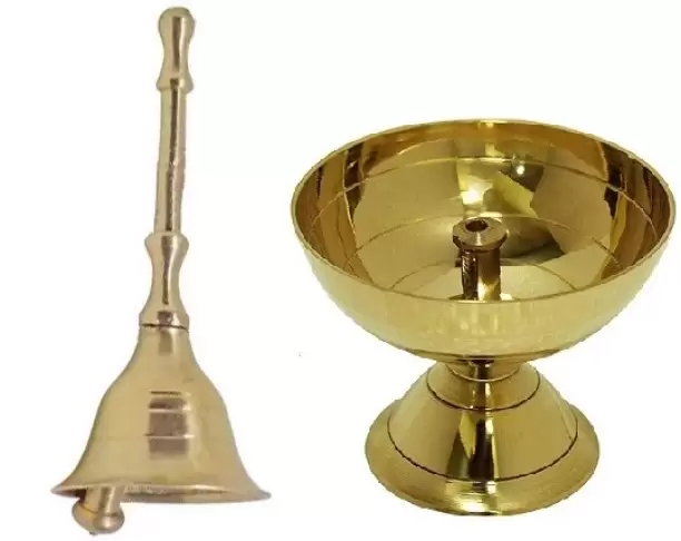 Homestyle India Brass Hand Bell for Pooja Ghanti for Mandir, Home and Office Temple Prayer Bell Ghanti for Decoration & Brass Diya Combo