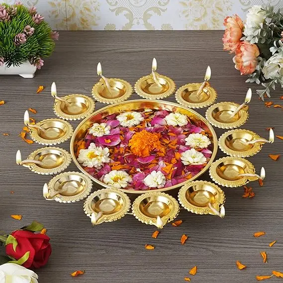 Homestyle India Diya Shape Flower Decorative Urli Bowl for Home Handcrafted Bowl for Floating Flowers and Tea Light Candles Home,Office and Table Decor| Diwali Decoration Items for Home (14 Inches)