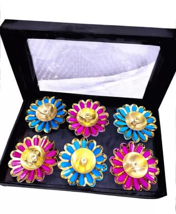 Homestyle India Brass & Iron Flower Shape Diya Set, Pack of 6 Pieces (4x4x1.5 Inch_Blue & Pink) Brass, Iron (Pack of 6) Table Diya Set  (Height: 1.5 inch)