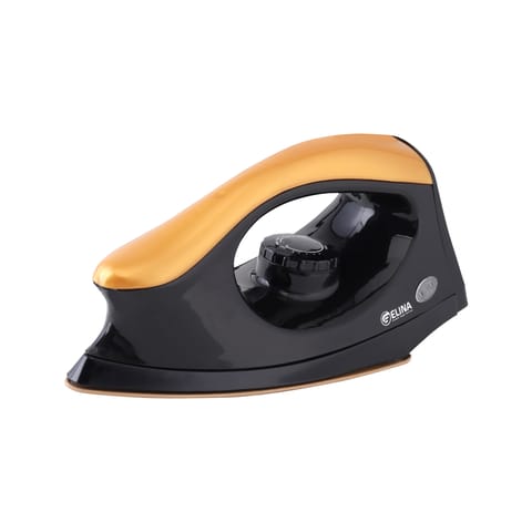 Elina 1000 watt Dry Iron with American Heritage Non Stick Coated Golden Sole Plate Ergonomic Design Easy Grip Temperature Knob