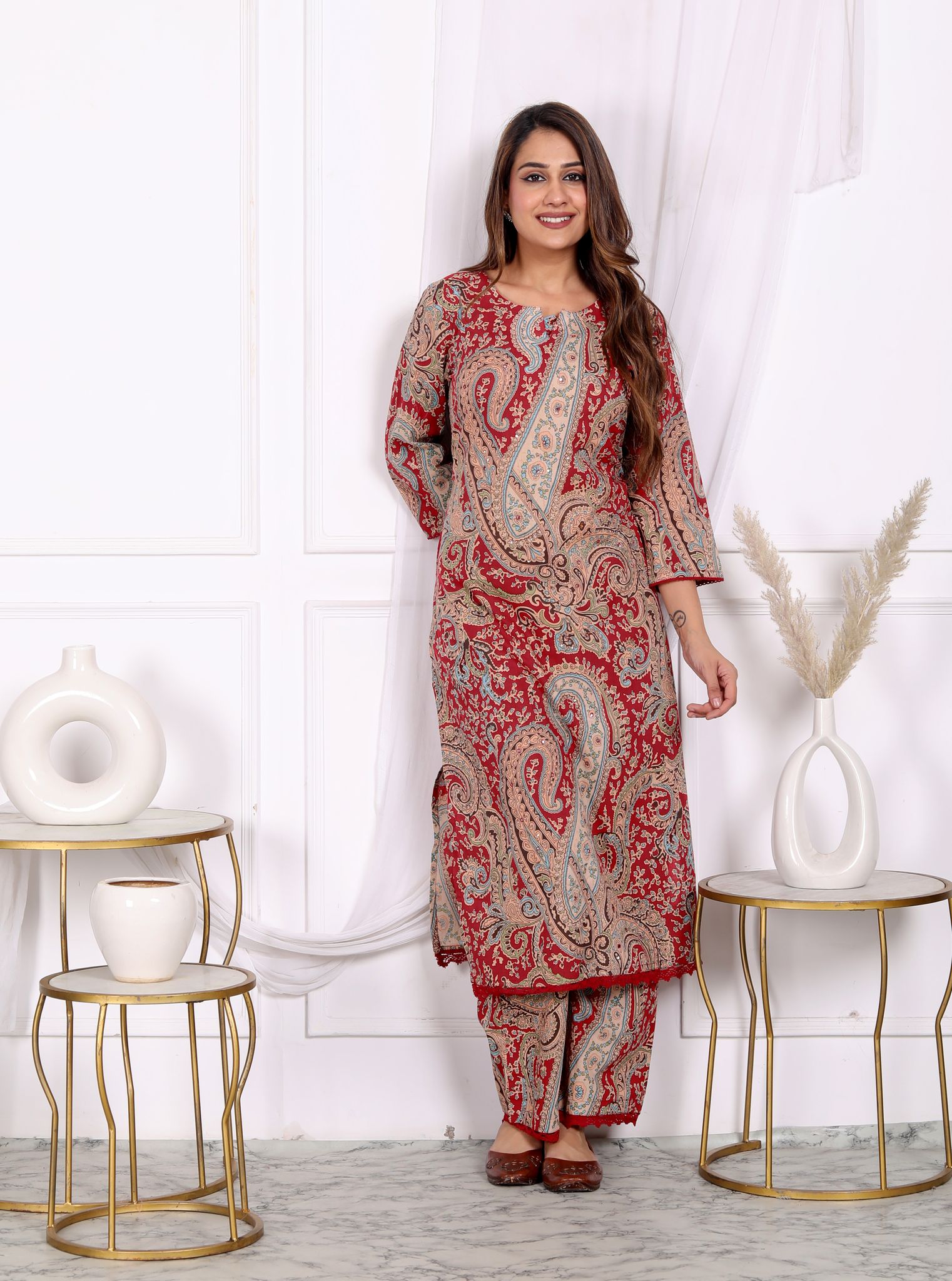  Plus Size Paisley Print Straight Kurta Pant Set with Dupatta