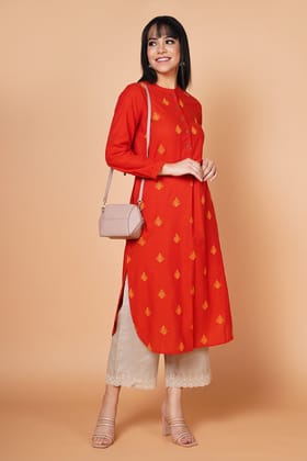 Ginger Orange Embroidered Round Hem Kurta