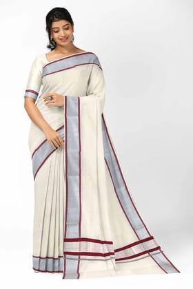 Kerala Kasavu Saree with Maroon and Silver Border