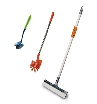 Vimal Ecowipe 300 (Bathroom Floor) Wiper + Maxclean (Long Handle & Double Sided) Toilet Brush + Nuvo (Sink/Wash Basin) Cleaning Brush Combo Pack