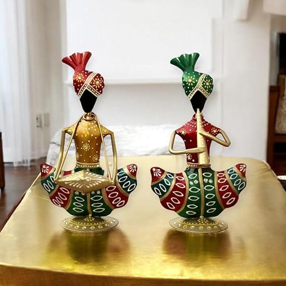 Chandra Craft House 2 Rajasthani Tribal Safa Musician's Hand-Painted Showpiece Home Decoration & Gift (Pack-2)