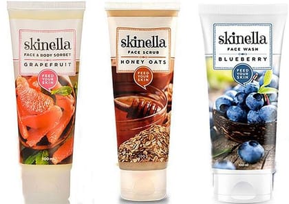 SKINELLA FACE CARE COMBO PACK OF 3 | Face Wash  Blueberry Skinella Face Scrub  Honey Oats Skinella Face & Body Sorbet  Grapefruit