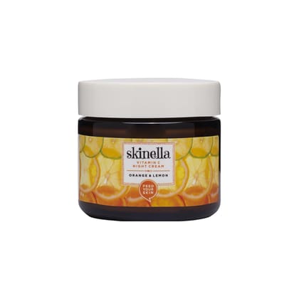 Skinella Vitamin C Night Cream - Orange Lemon for Normal, Oily, Acne-Prone, Combination Skin - Overnight Repair, 100% Vegan, Paraben-Free - Made with Superfoods Orange and Lemon - Combat Dull Skin - 50g