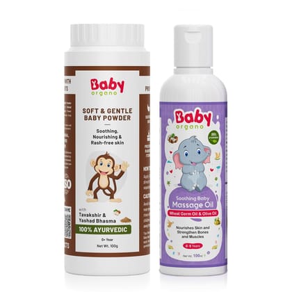 Babyorgano Organic Ayurvedic Baby Care Set: Talc-Free Anti Bactreial Rash Prevention Baby Powder and Bone - Muscles Strengthening Massage Oil for Kids