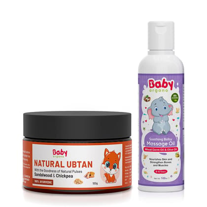 Babyorgano Natural Ubtan Bath Powder, Baby Massage Oil for Newborn Kids Skin Care Combo | FDCA Approved