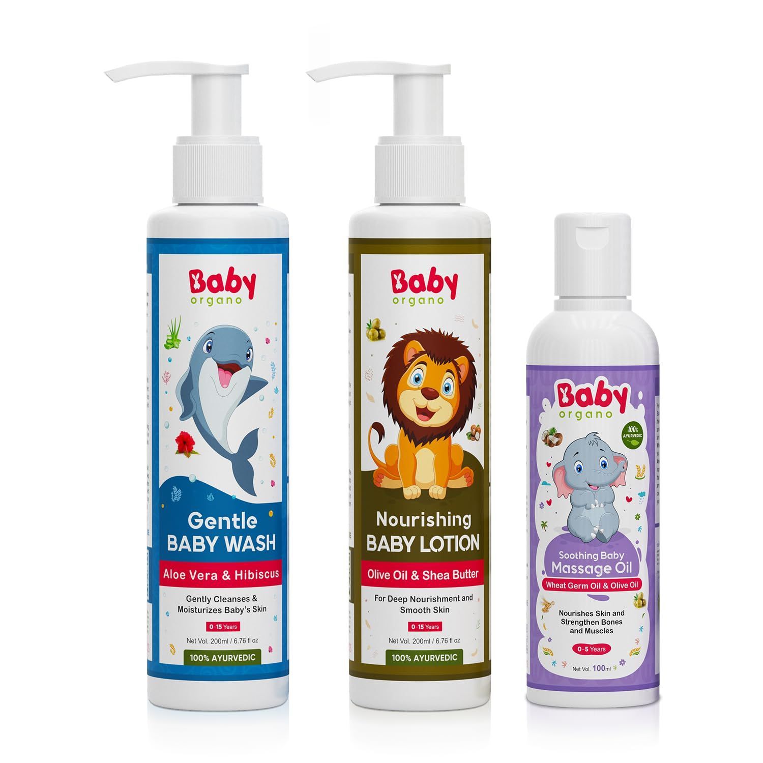 Babyorgano Body Wash, Lotion & Massage Oil New Born Baby Kit, Kids Head to Toe Skin Cleanse, Moisturize with Goodness of Aloe vera, Hibiscus, Olive Oil, Wheatgerm Oil Combo Pack 3, Paraben Free, FDCA Approved